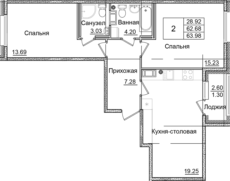 2-комнатная квартира 63.98 м², 9/9 эт., ЖК «Квартал Заречье»